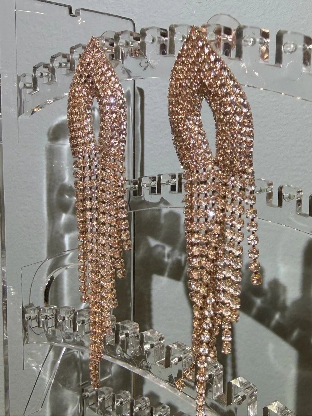NWOT Rose Gold Crystal Fringe Drop Dangly Chandelier Pierced Earrings